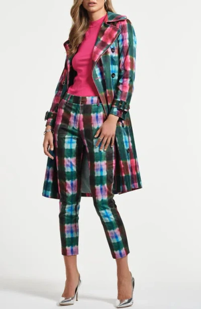 Isaac Mizrahi New York Plaid Double Breasted Trench Coat In Multi