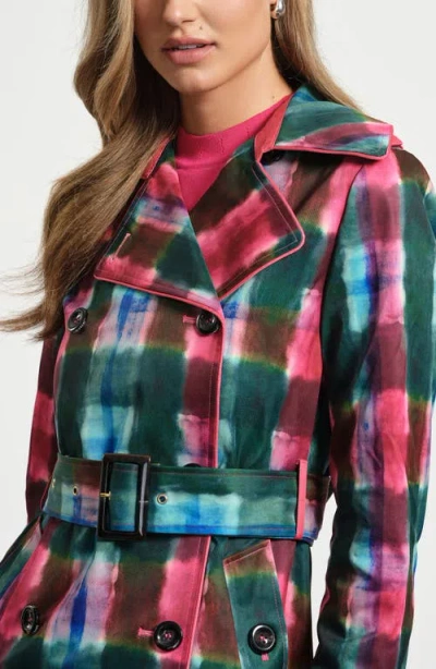 Isaac Mizrahi New York Plaid Double Breasted Trench Coat In Multi