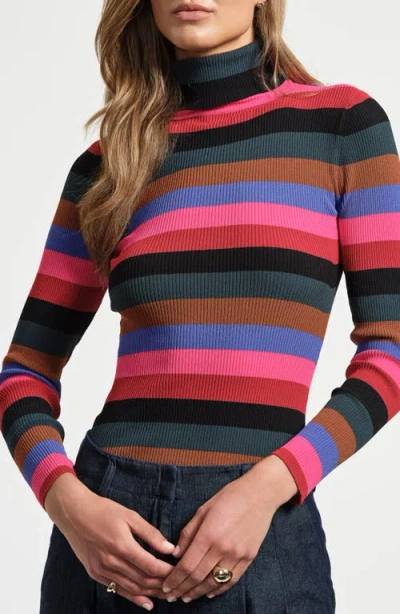 Isaac Mizrahi New York Stripe Turtleneck Rib Sweater In Gold