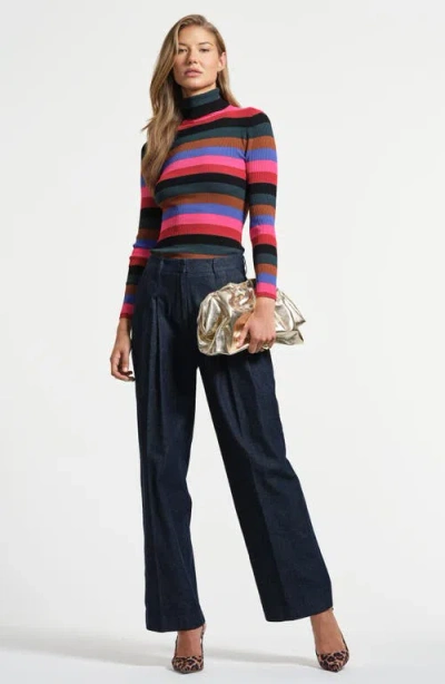 Isaac Mizrahi New York Stripe Turtleneck Rib Sweater In Gold