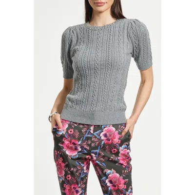 Isaac Mizrahi New York Embellished Puff Sleeve Cotton & Wool Blend Cable Sweater In Gray