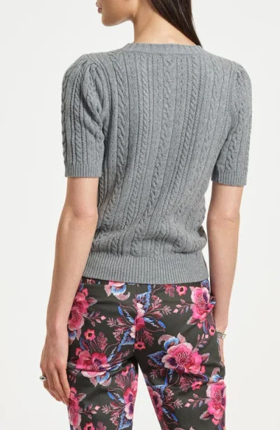 Isaac Mizrahi New York Embellished Puff Sleeve Cotton & Wool Blend Cable Sweater In Gray