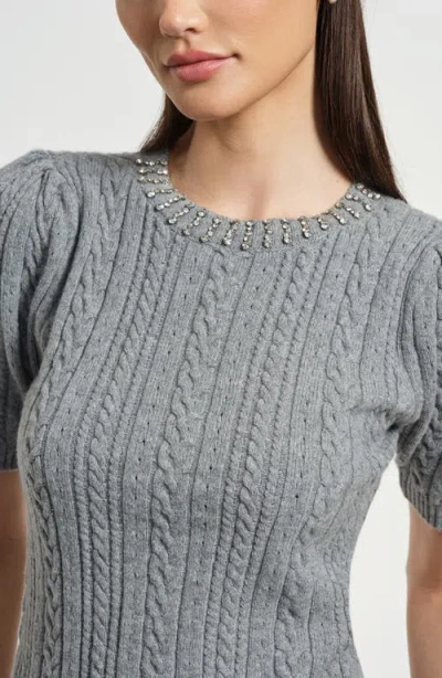 Isaac Mizrahi New York Embellished Puff Sleeve Cotton & Wool Blend Cable Sweater In Gray