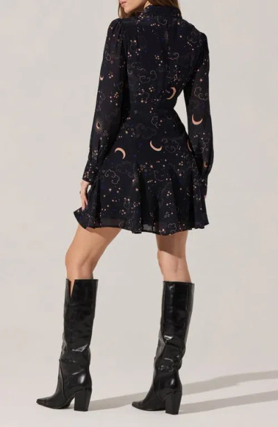 Astr The Label Lucien Navy Night Print Long Sleeve Minidress In Black