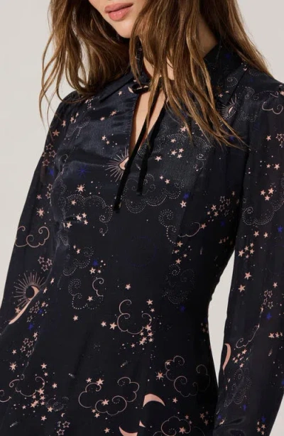 Astr The Label Lucien Navy Night Print Long Sleeve Minidress In Black