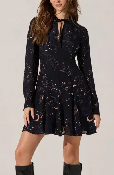 Astr The Label Lucien Navy Night Print Long Sleeve Minidress In Black