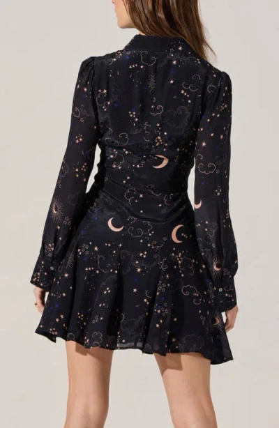 Astr The Label Lucien Navy Night Print Long Sleeve Minidress In Black