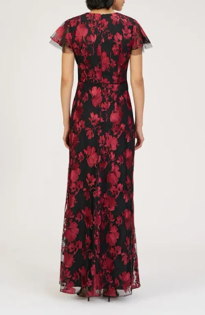 Js Collections Fauna Floral Embroidered Flutter Sleeve Gown In Multi