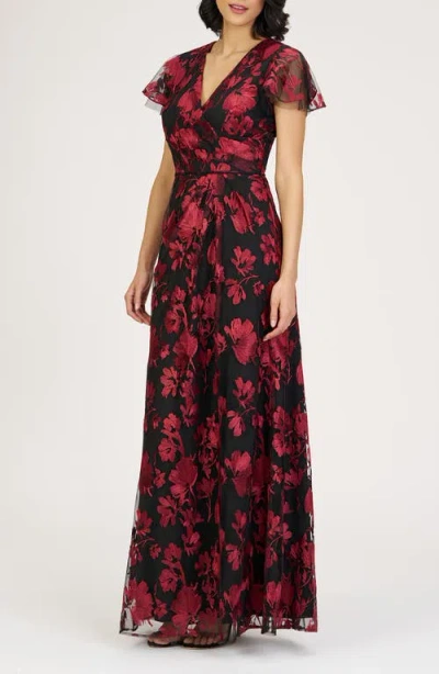 Js Collections Fauna Floral Embroidered Flutter Sleeve Gown In Multi