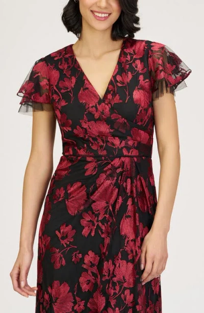 Js Collections Fauna Floral Embroidered Flutter Sleeve Gown In Multi