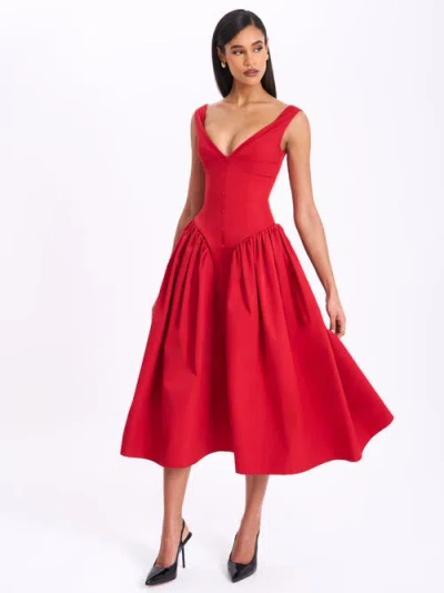Miss Circle Nahla Drop Waist Midi Dress With Buttons In Red