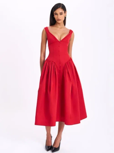 Miss Circle Nahla Drop Waist Midi Dress With Buttons In Red