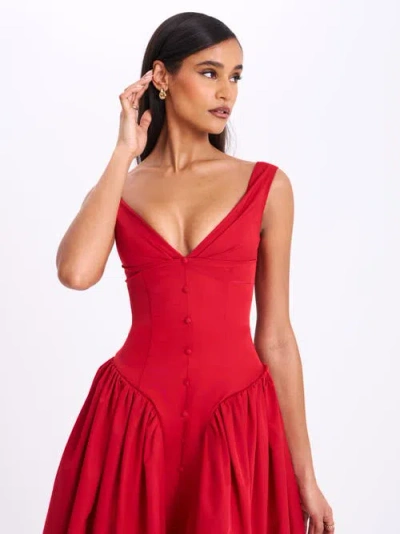 Miss Circle Nahla Drop Waist Midi Dress With Buttons In Red