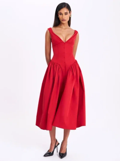 Miss Circle Nahla Drop Waist Midi Dress With Buttons In Red