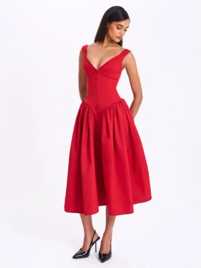 Miss Circle Nahla Drop Waist Midi Dress With Buttons In Red