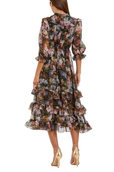 Mac Duggal Chiffon 3/4 Sleeve A Line Midi Dress With Ruffles In Gold