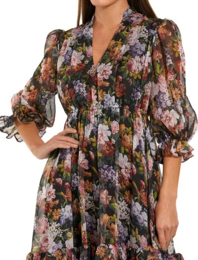 Mac Duggal Chiffon 3/4 Sleeve A Line Midi Dress With Ruffles In Gold