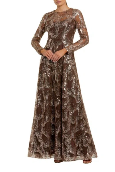 Mac Duggal Embellished Mesh Long Sleeve High Neck Gown In Brown