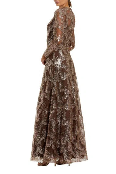Mac Duggal Embellished Mesh Long Sleeve High Neck Gown In Brown