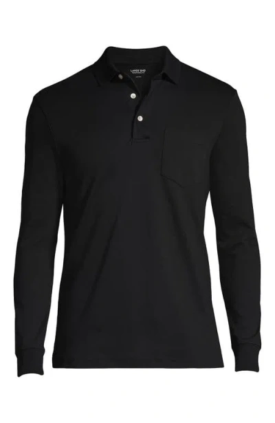 Lands' End Long Sleeve Cotton Supima Polo Shirt With Pocket In Black
