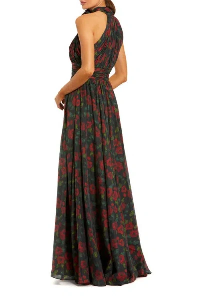 Mac Duggal Black Floral Chiffon 3d Flower High Neck Evening Gown In Multi