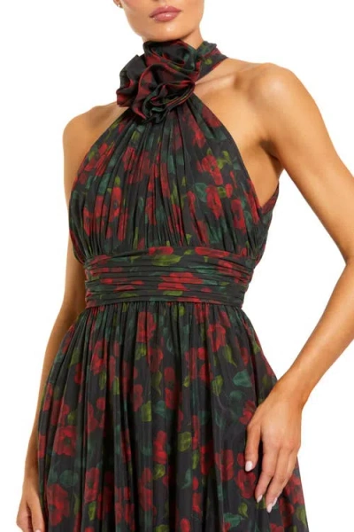 Mac Duggal Black Floral Chiffon 3d Flower High Neck Evening Gown In Multi