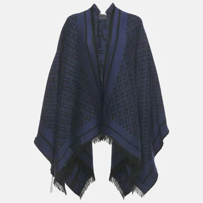 Pre-owned Elisabetta Franchi Black /blue Lettering Intarsia Wool Blend Fringed Cape One Size