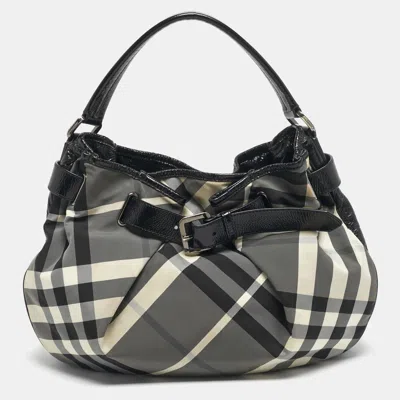 Pre-owned Burberry Black Smoked Check Nylon And Patent Leather Hobo