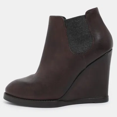 Pre-owned Brunello Cucinelli Brown Elastane And Leather Wedge Ankle Length Boots Size 37