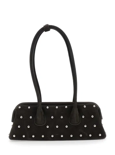 Osoi Boat Wide Mini Brown Shoulder Bag With Round Handles And Beaded Embellishment In Suede Woman In Brown