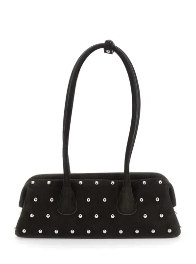 Osoi Boat Wide Mini Brown Shoulder Bag With Round Handles And Beaded Embellishment In Suede Woman In Brown