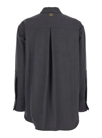 Twinset Grey Shirt With Classic Collar And Logo Plaque On The Rear In Viscose Blend Stretch Woman In Black