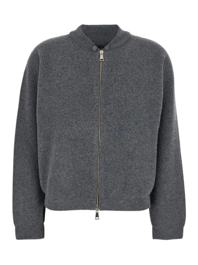 Fabiana Filippi Grey Ribbed Knit Sweatshirt With Front Zip Closure In Wool Blend Woman In Gray