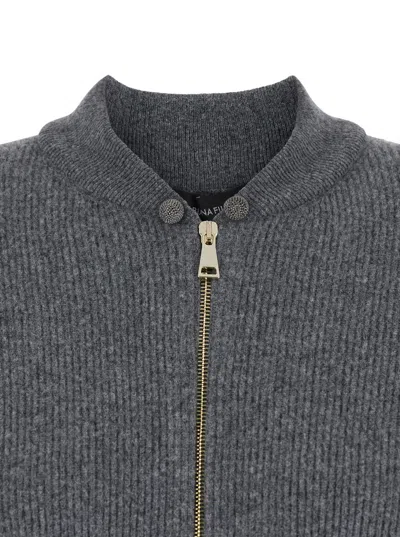 Fabiana Filippi Grey Ribbed Knit Sweatshirt With Front Zip Closure In Wool Blend Woman In Gray