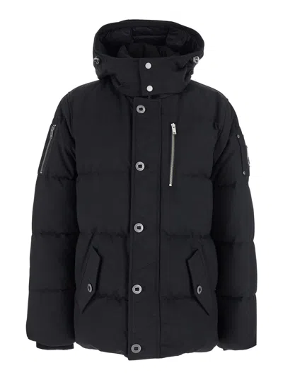 Moose Knuckles Forrestville Black Down Jacket With Fixed Hood And Logo Patch On The Sleeve In Cotton Blend Man In Black