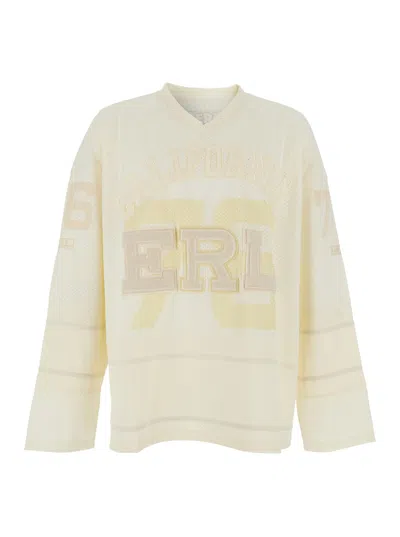 Erl White Long-sleeve T-shirt With V Neck And Maxi Logo On The Front In Tech Fabric Man In Brown