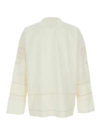 Erl White Long-sleeve T-shirt With V Neck And Maxi Logo On The Front In Tech Fabric Man In Brown