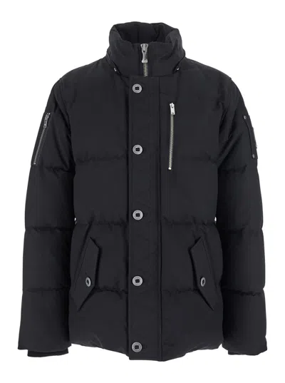 Moose Knuckles Forrestville Black Down Jacket With Fixed Hood And Logo Patch On The Sleeve In Cotton Blend Man In Black