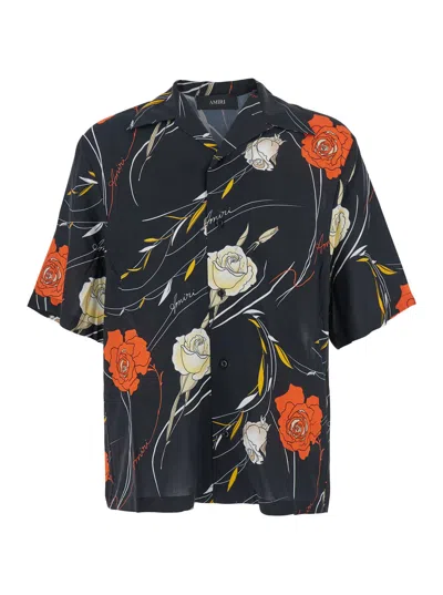 Amiri Men Black Bowling Shirt With Cuban Collar And All-over Floral Motif In Viscose Man In Black