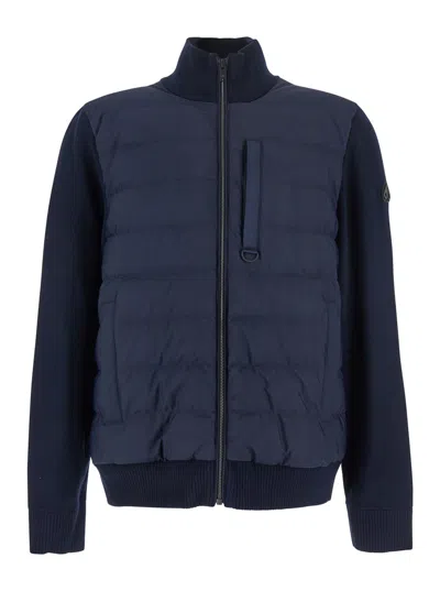 Moose Knuckles Blue Cardigan With Knitted Inserts And Logo Patch On Sleeve In Wool And Tech Fabric Blend Man In Blue