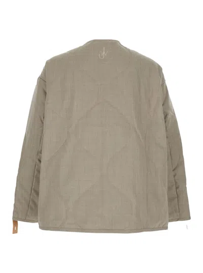 Jw Anderson Beige Crewneck Jacket With Quilted Design On The Front And Logo Embroidery On The Rear In Fabric Man In Gray