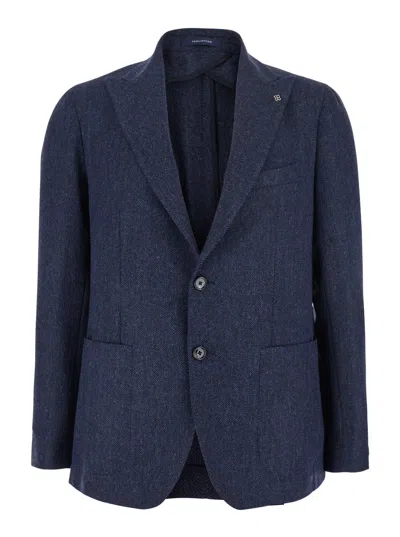 Tagliatore Blue Single-breasted Jacket With Peak Lapel In Wool And Cotton Blend Man In Blue
