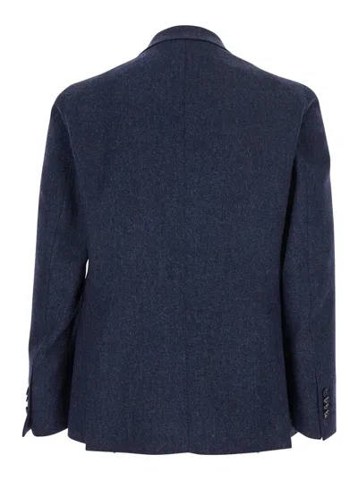 Tagliatore Blue Single-breasted Jacket With Peak Lapel In Wool And Cotton Blend Man In Blue