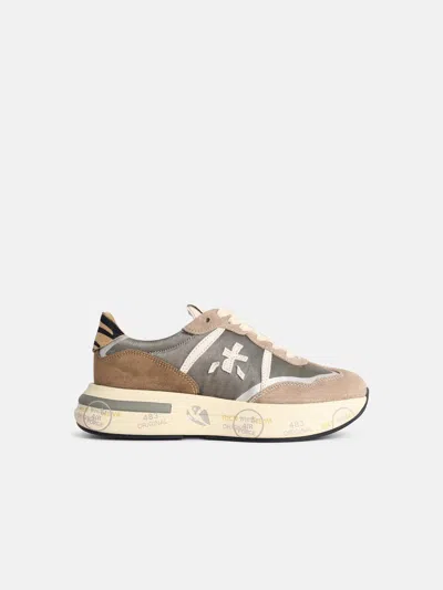 Premiata 'cassie' Beige Leather Blend Sneakers In Green