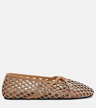 Mach&mach Sparkle Mesh Embellished Suede Ballet Flats In Nude