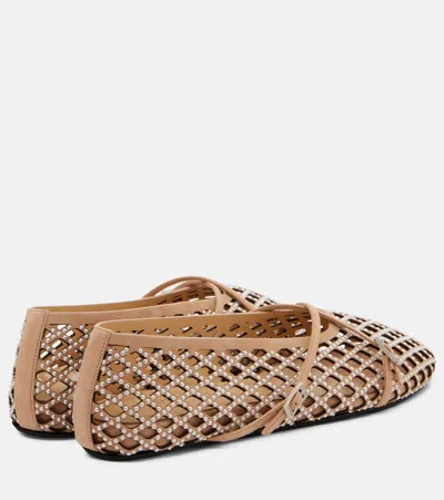 Mach&mach Sparkle Mesh Embellished Suede Ballet Flats In Nude