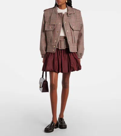 Patou Checked Ruched Virgin Wool Miniskirt In Burgundy