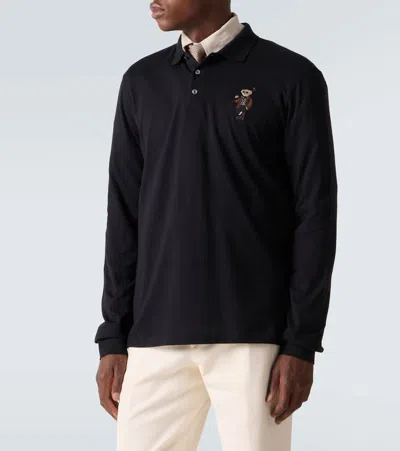 Ralph Lauren Long-sleeve Polo Shirt With Embroidered Bear Motif In Black