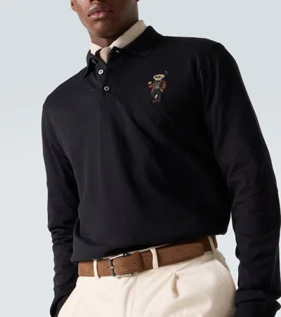 Ralph Lauren Long-sleeve Polo Shirt With Embroidered Bear Motif In Black