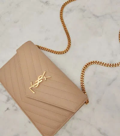 Saint Laurent Cassandre Matelassé Envelope Leather Wallet On Chain In Brown